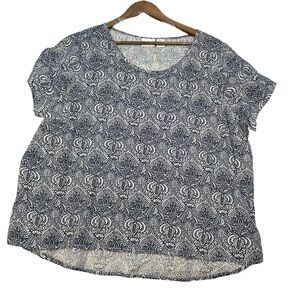 Rachel Zoe 100% Linen Blouse Top Women’s Size 1X Plus Floral Navy Geometric SS